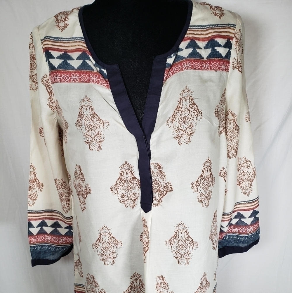 LUCKY Brand Women’s Boho Peasant Cream Navy/Rust/Aztec Print Tunic Top S…